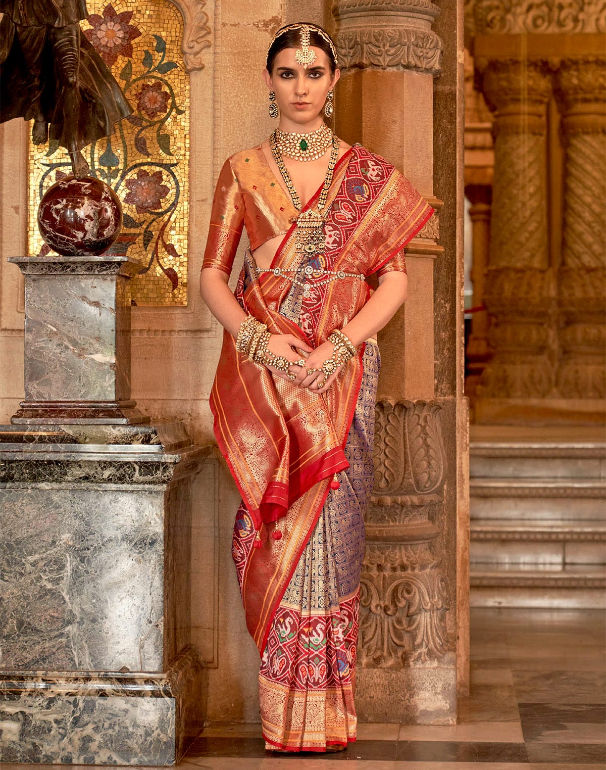 Collection of Brown Zari Woven Soft Banaras Meenakari Silk Saree in a gallery layout