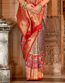 Collection of Brown Zari Woven Soft Banaras Meenakari Silk Saree in a gallery layout