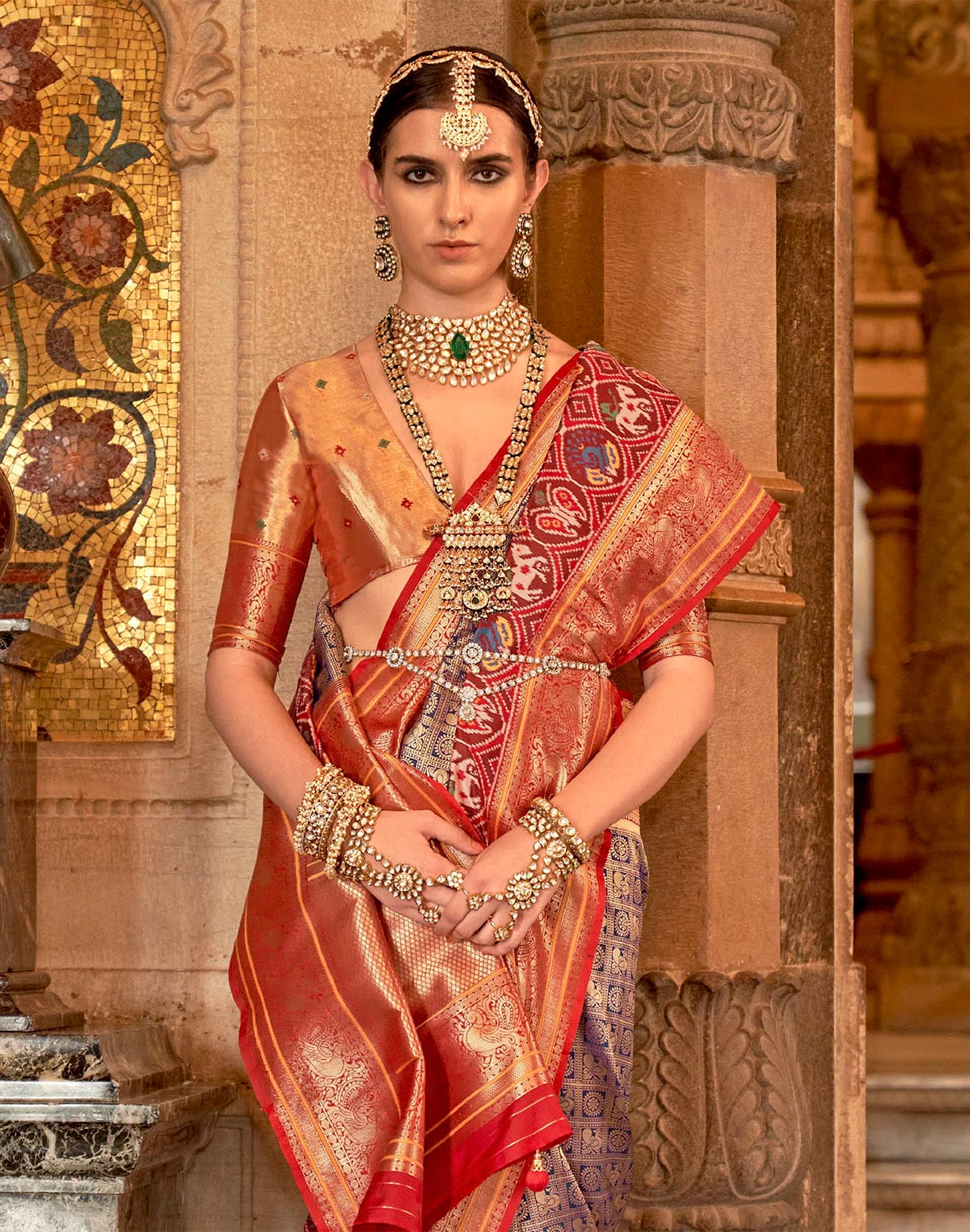 Collection of Brown Zari Woven Soft Banaras Meenakari Silk Saree in a gallery layout