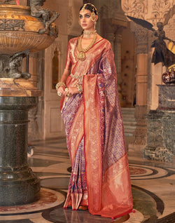 Collection of Purple Banaras Zari weaving Meenakari Silk Saree in a gallery layout