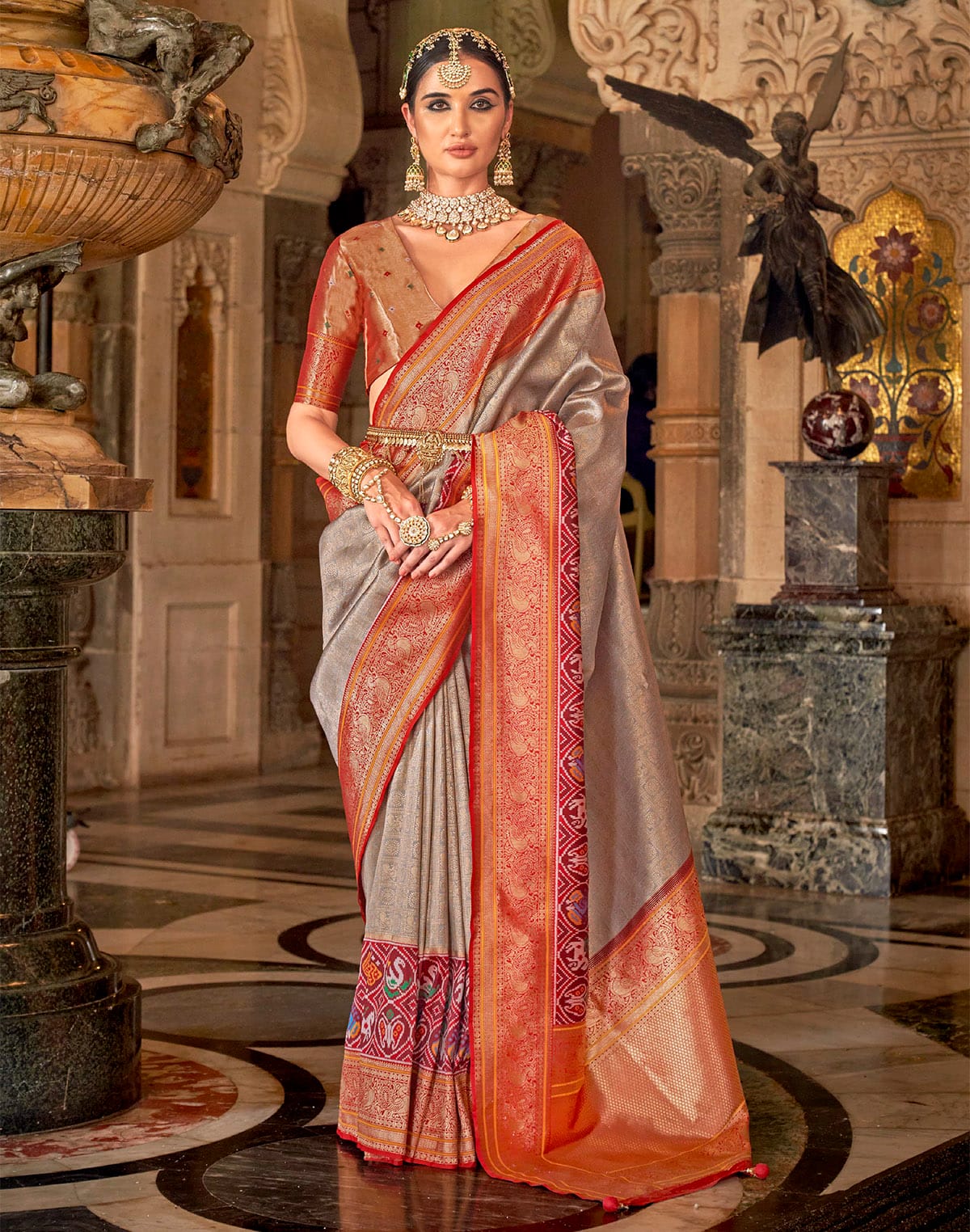 Collection of Light Grey Soft Banaras Meenakari Silk Wedding Saree in a gallery layout