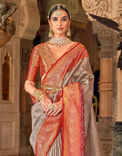 Collection of Light Grey Soft Banaras Meenakari Silk Wedding Saree in a gallery layout