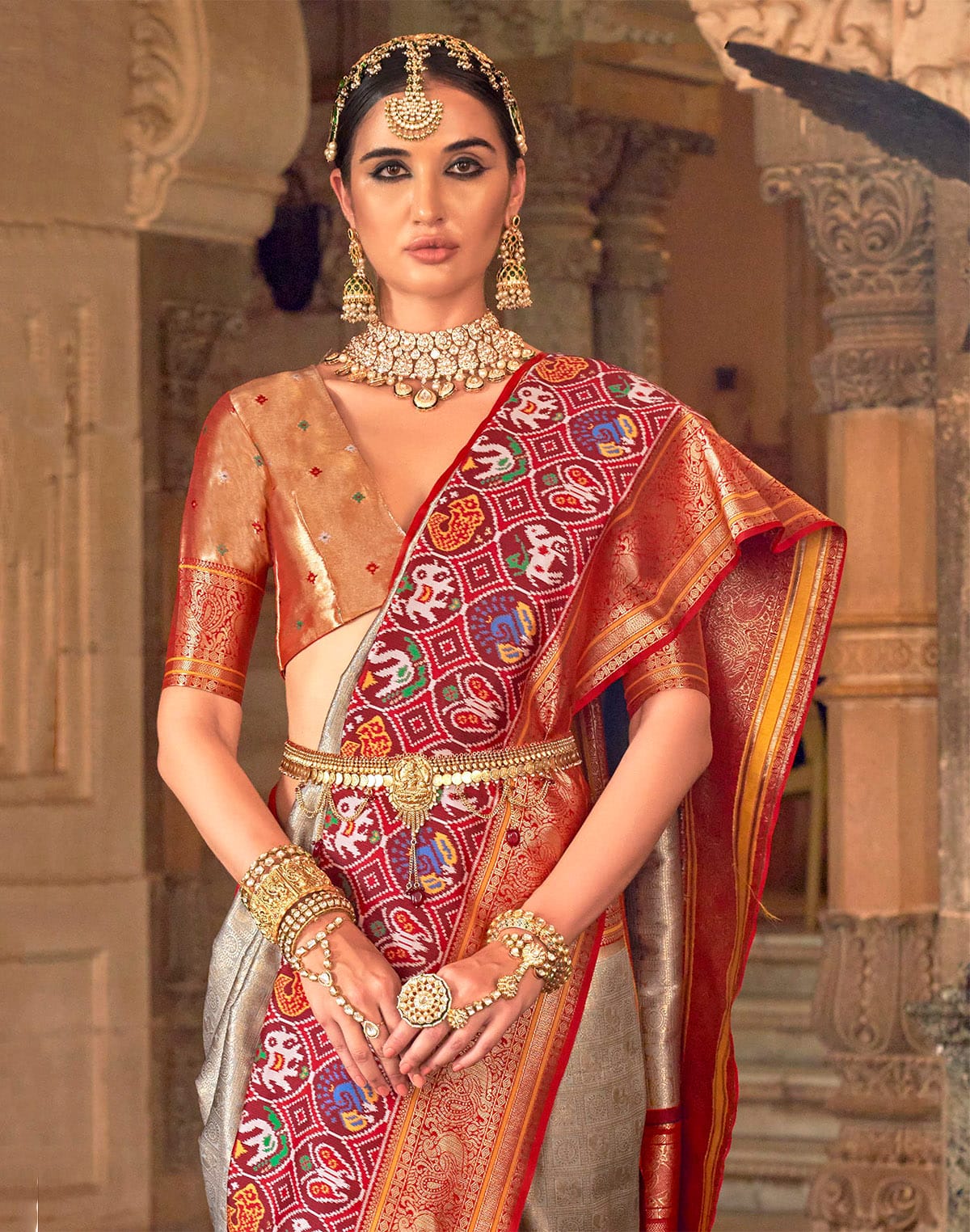 Collection of Light Grey Soft Banaras Meenakari Silk Wedding Saree in a gallery layout