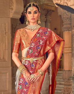 Collection of Light Grey Soft Banaras Meenakari Silk Wedding Saree in a gallery layout