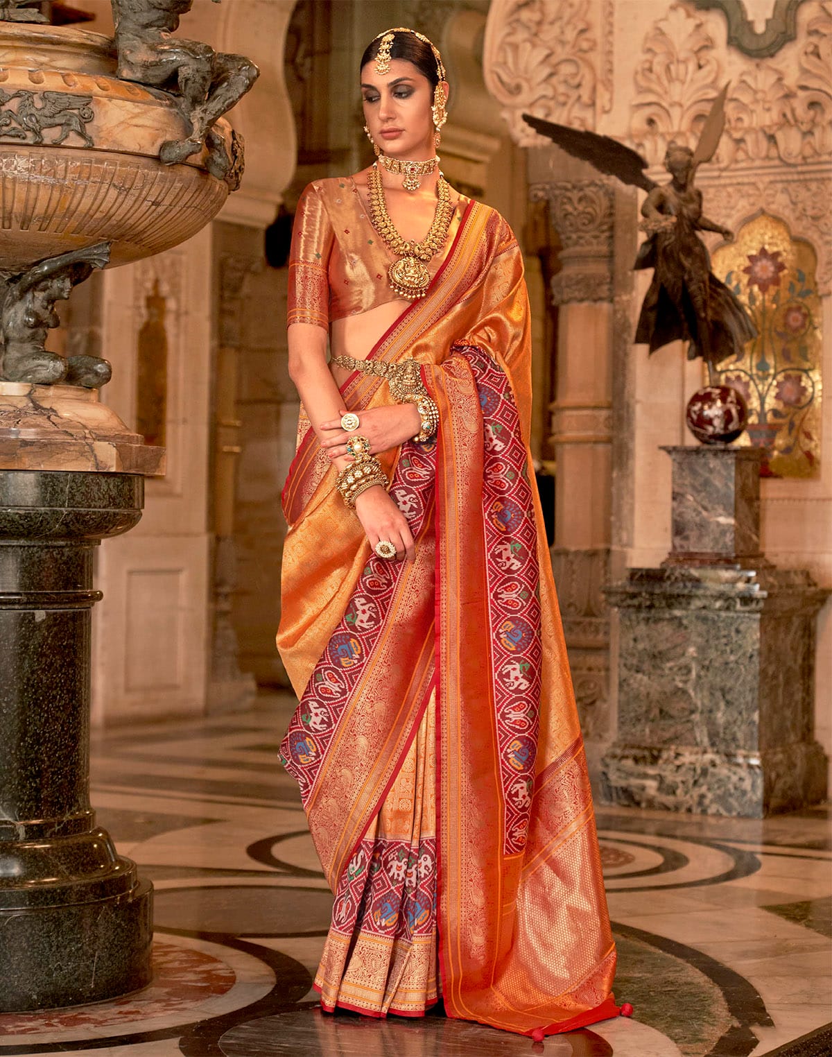 Collection of Orange Brocade Meenakari Banaras Silk Saree in a gallery layout