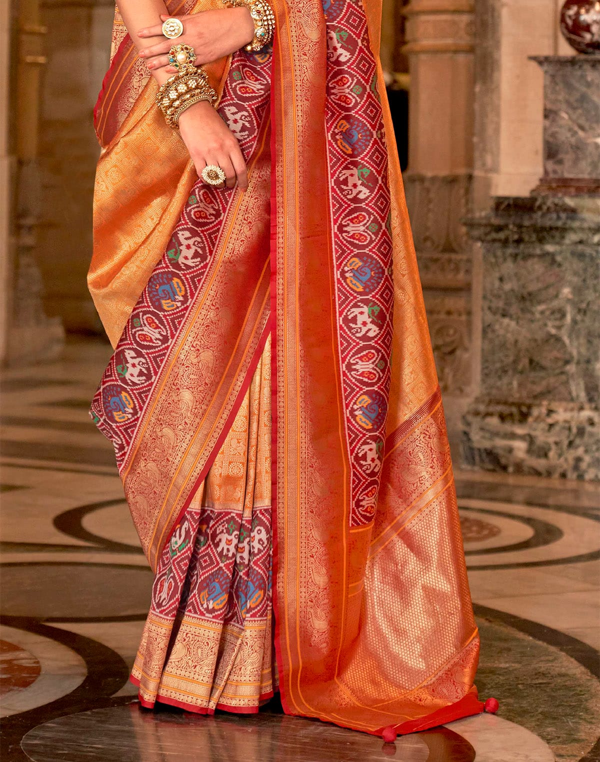 Orange Brocade Meenakari Banaras Silk Saree