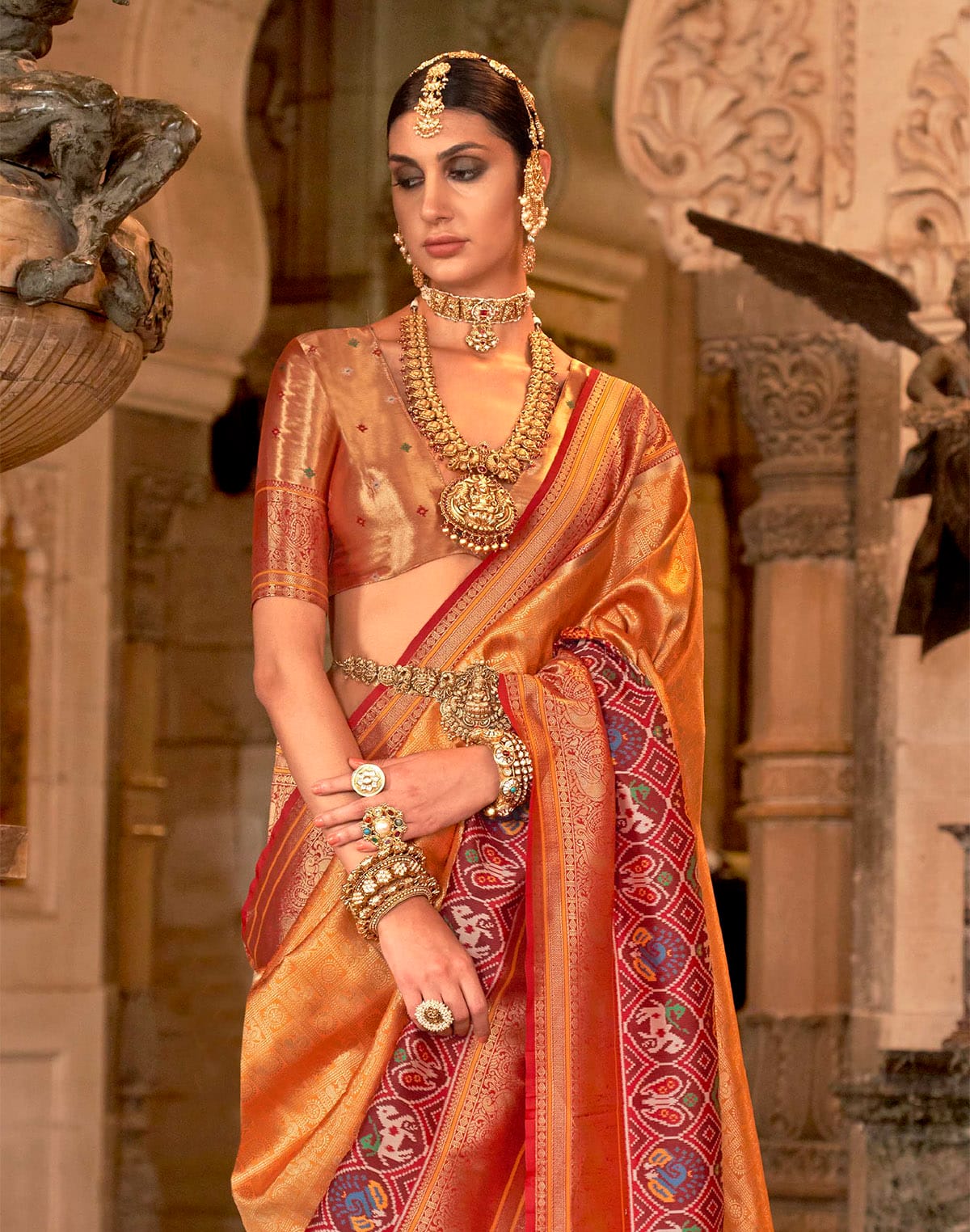 Collection of Orange Brocade Meenakari Banaras Silk Saree in a gallery layout