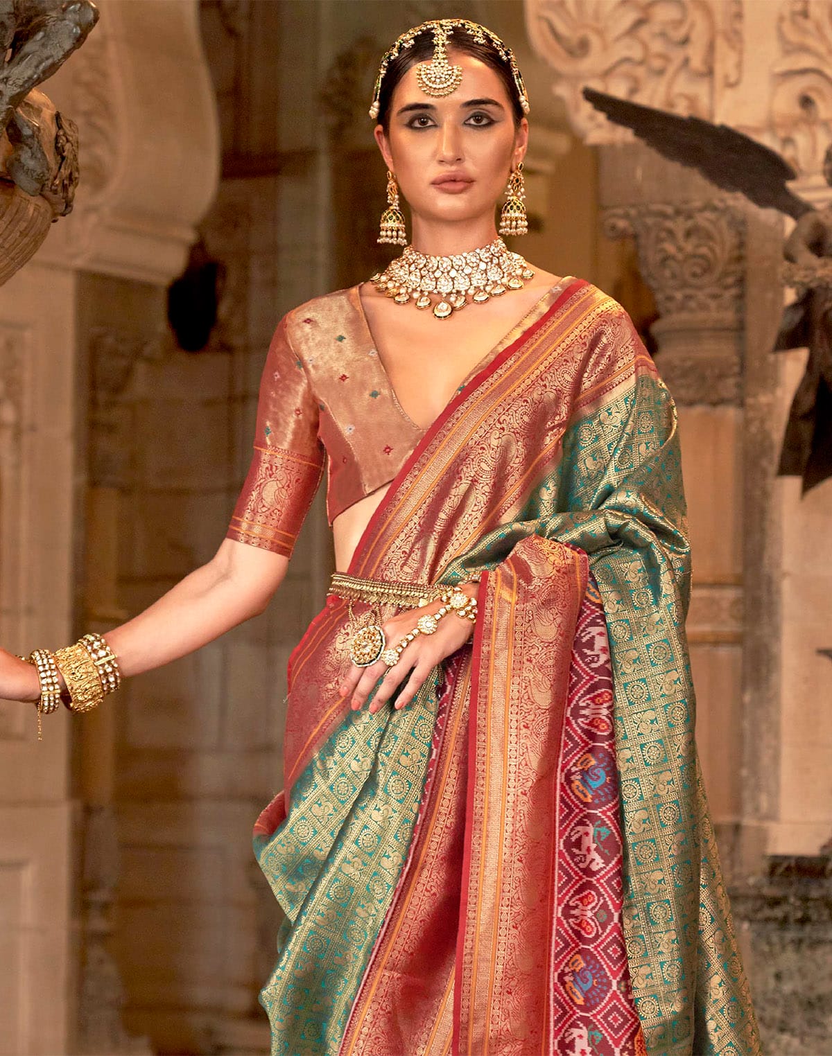 Collection of Light Green Brocade Zari weaving Soft Banaras Silk Saree in a gallery layout