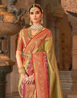 Collection of Mehendi Green Brocade design Zari Banaras Silk Saree in a gallery layout