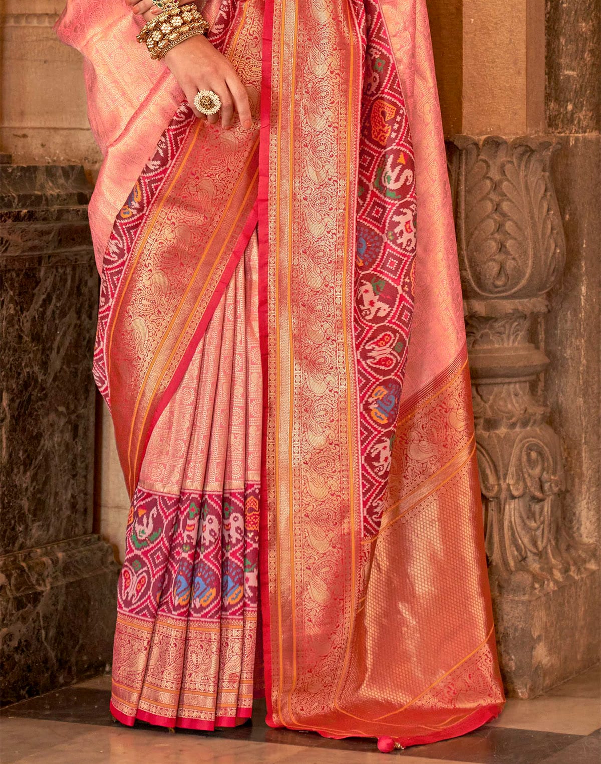 Collection of Peach Zari weaving Banaras Meenakari Silk Saree in a gallery layout