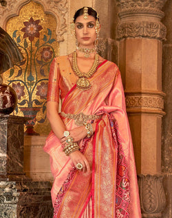 Collection of Peach Zari weaving Banaras Meenakari Silk Saree in a gallery layout