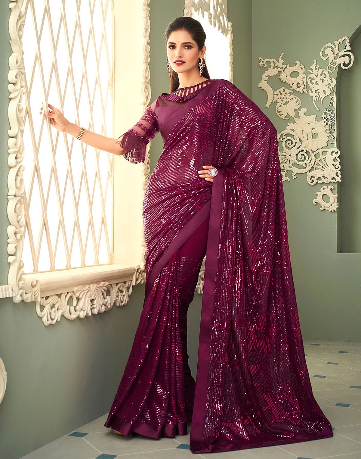 Wine Georgette Sequence work Saree