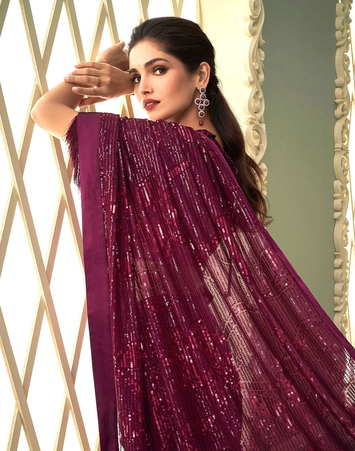 Wine Georgette Sequence work Saree