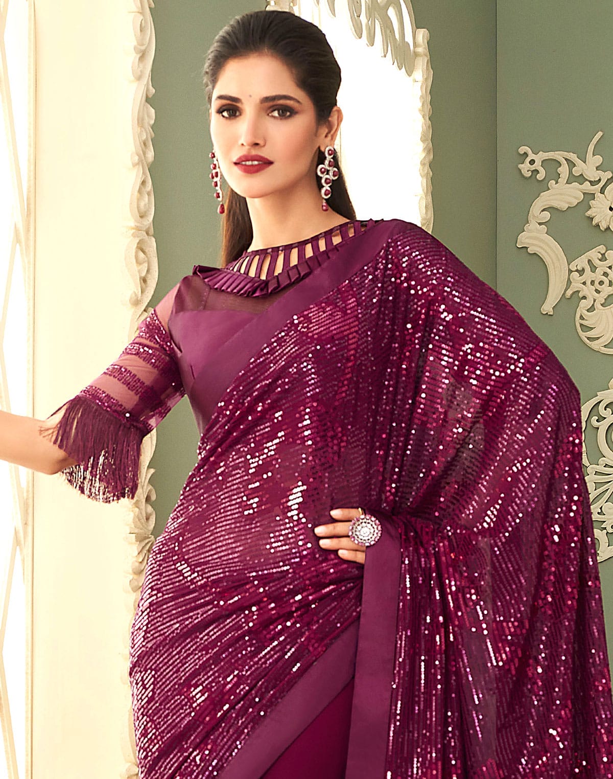 Collection of Wine Georgette Sequence work Saree in a gallery layout