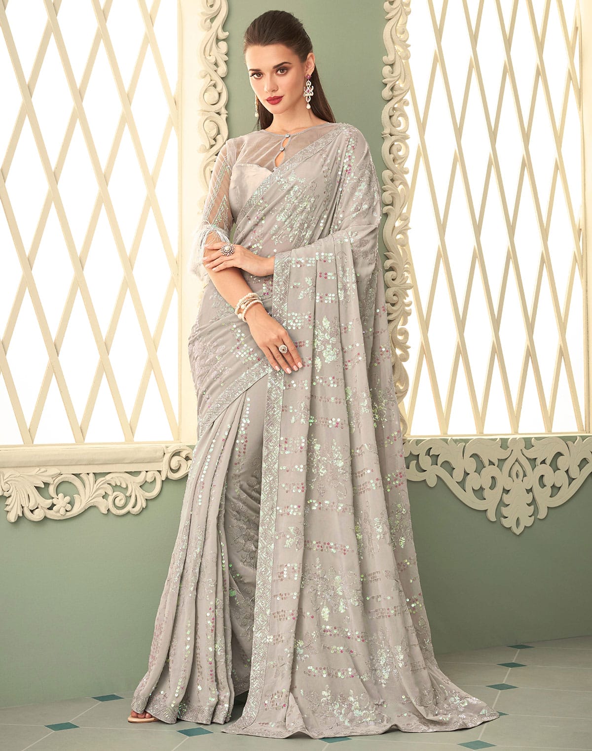 Collection of Light Grey Sequence work Georgette Saree in a gallery layout