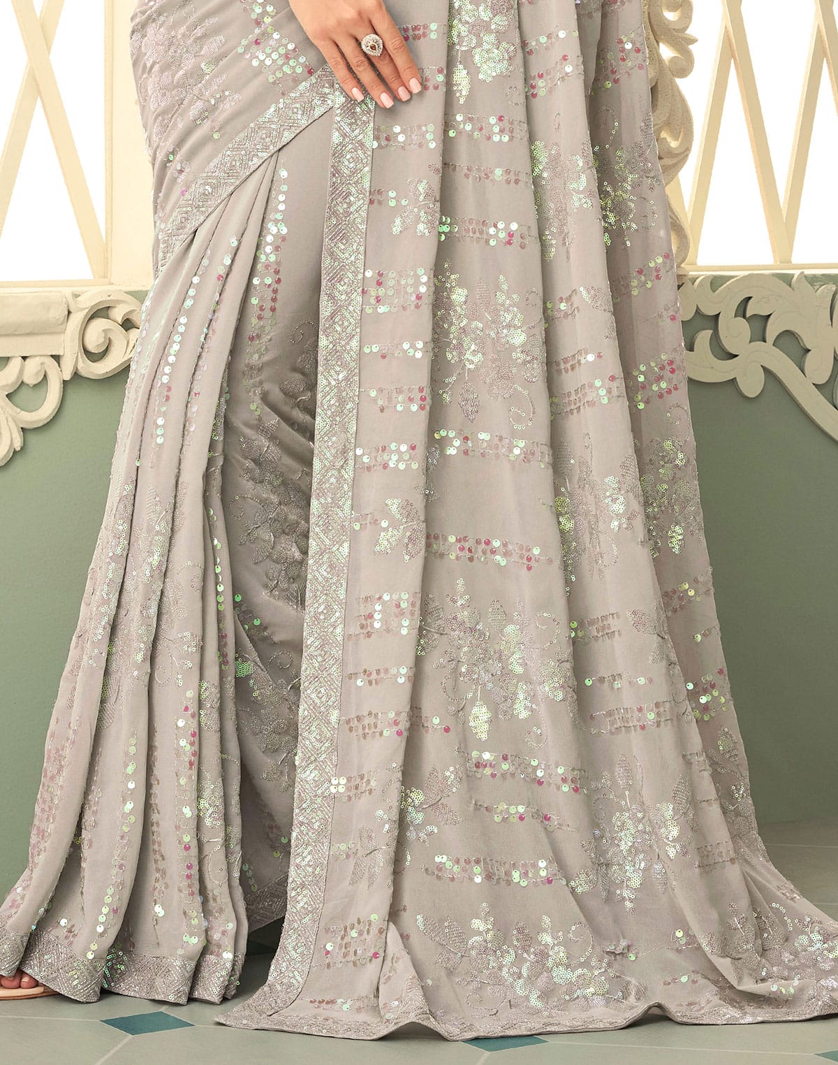 Light Grey Sequence work Georgette Saree