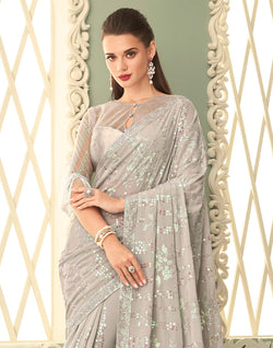 Collection of Light Grey Sequence work Georgette Saree in a gallery layout