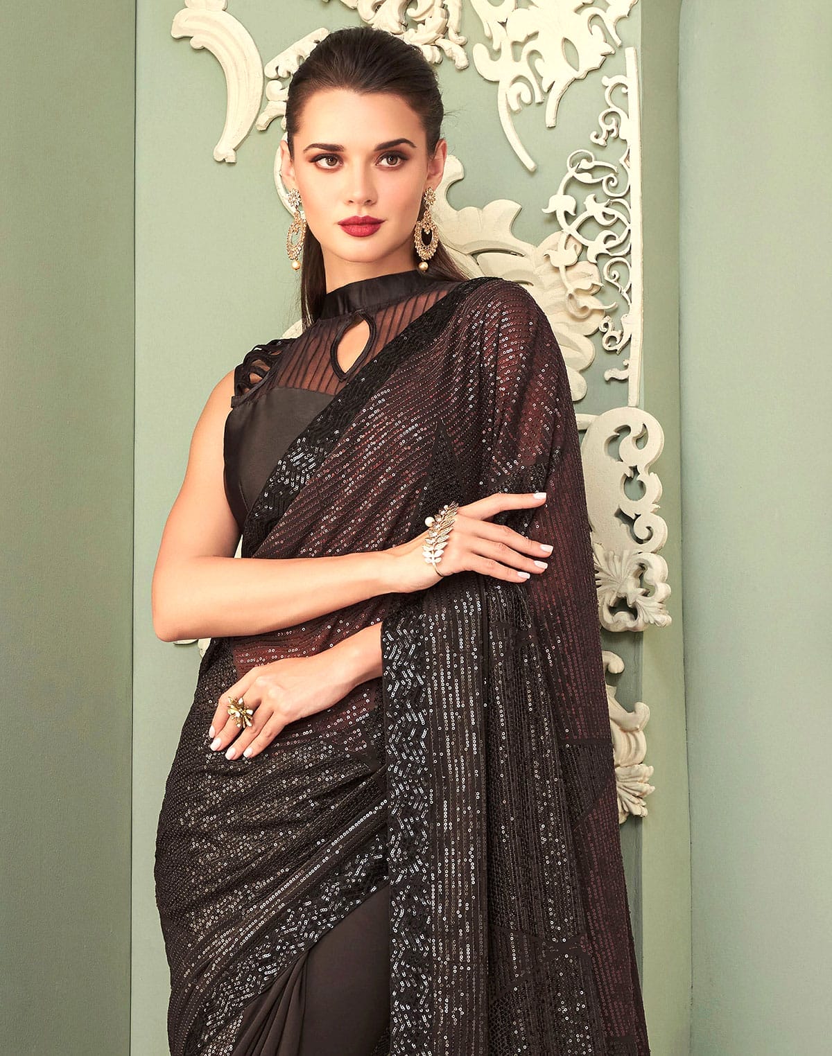 Collection of Coffee Brown Georgette Sequence work Saree in a gallery layout