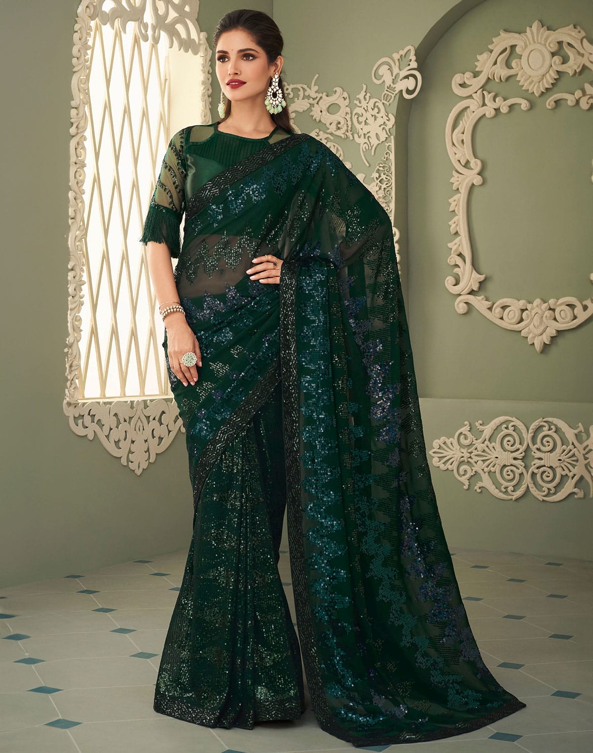 Collection of Sequence work Dark Green Georgette Saree in a gallery layout