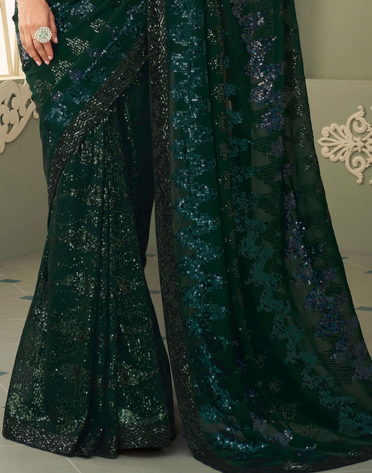 Sequence work Dark Green Georgette Saree