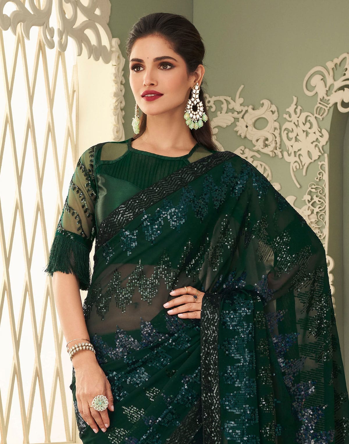 Sequence work Dark Green Georgette Saree