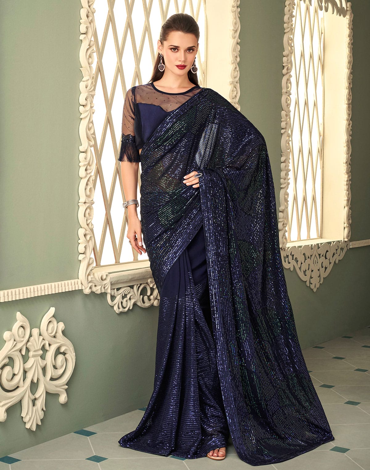 Collection of Navy Blue Georgette Fabric with Sequence Work Saree in a gallery layout