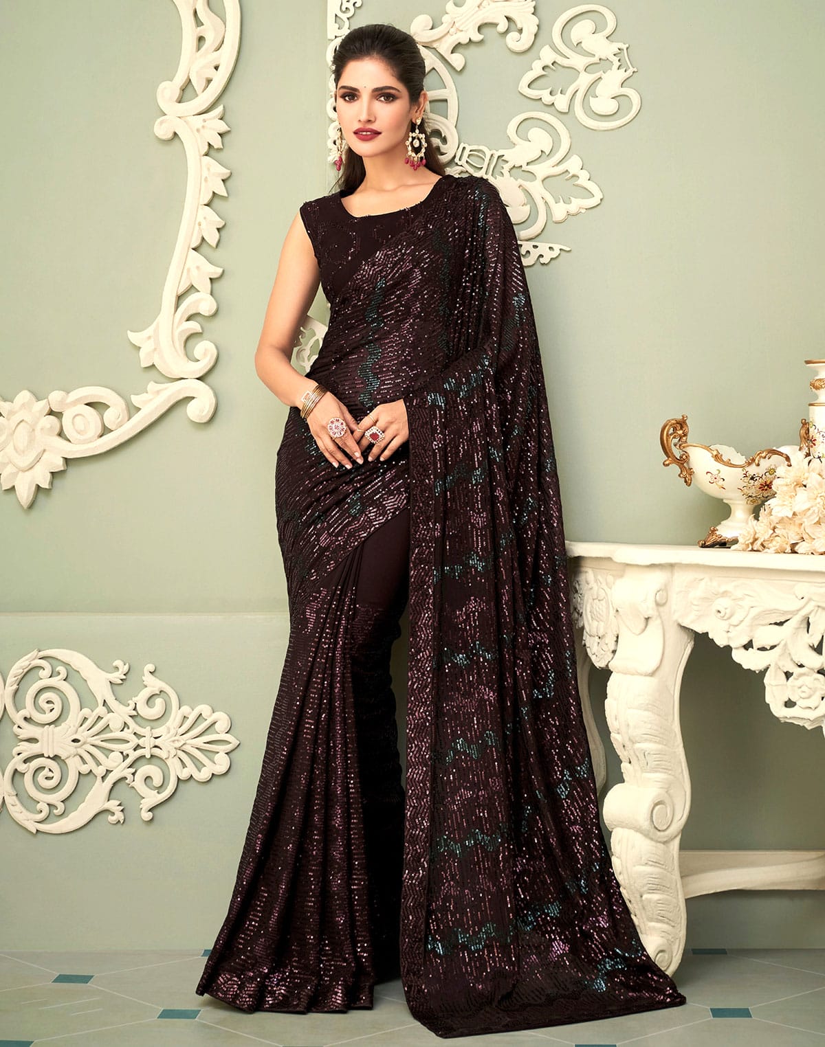 Wine all over heavy Sequence work Georgette Saree