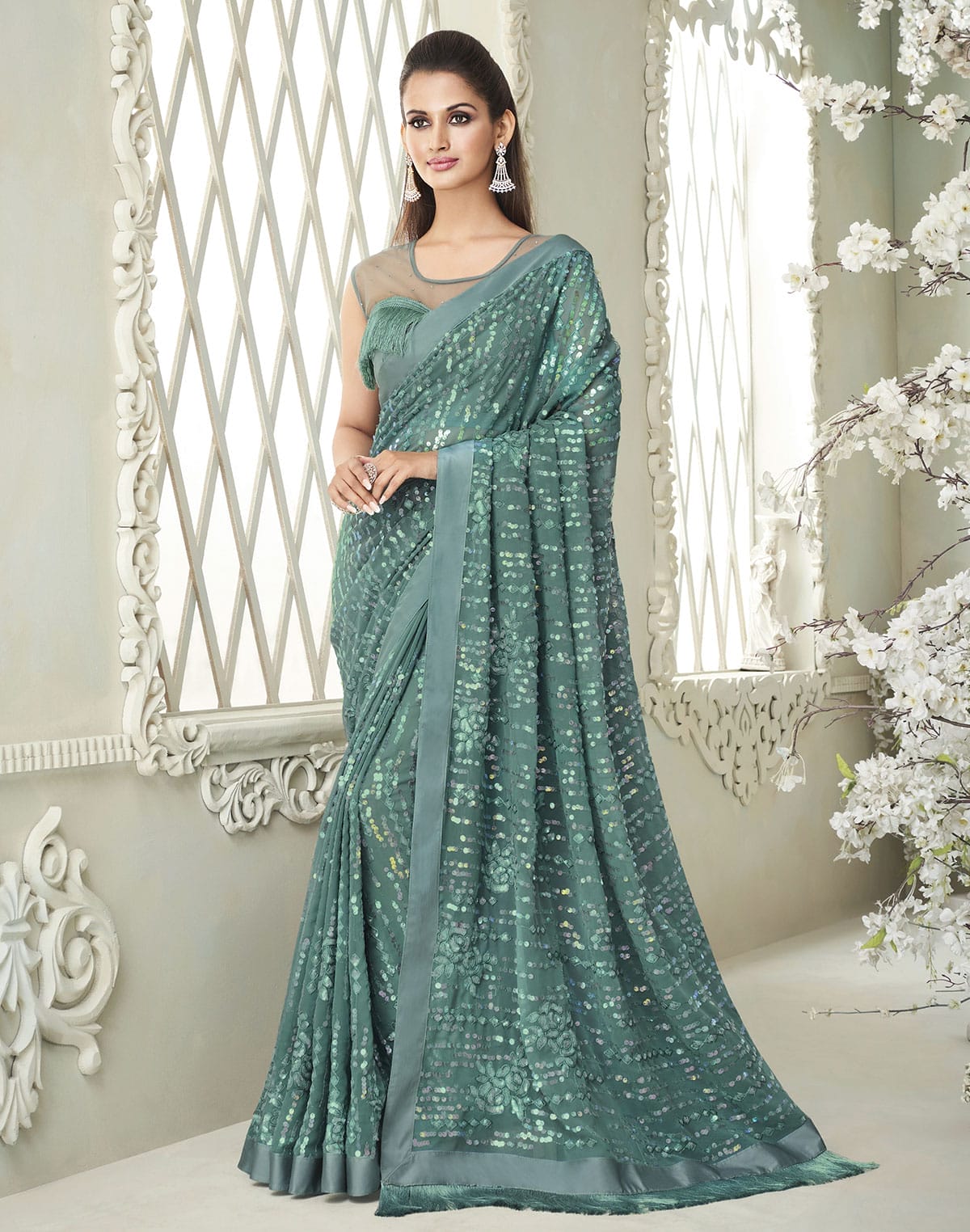 Collection of Light Green Soft Georgette Sequence work Saree in a gallery layout