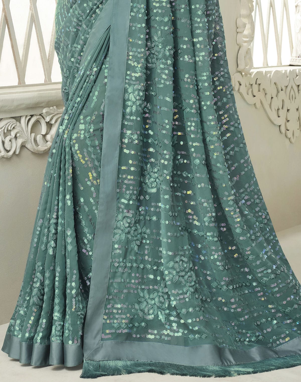 Collection of Light Green Soft Georgette Sequence work Saree in a gallery layout