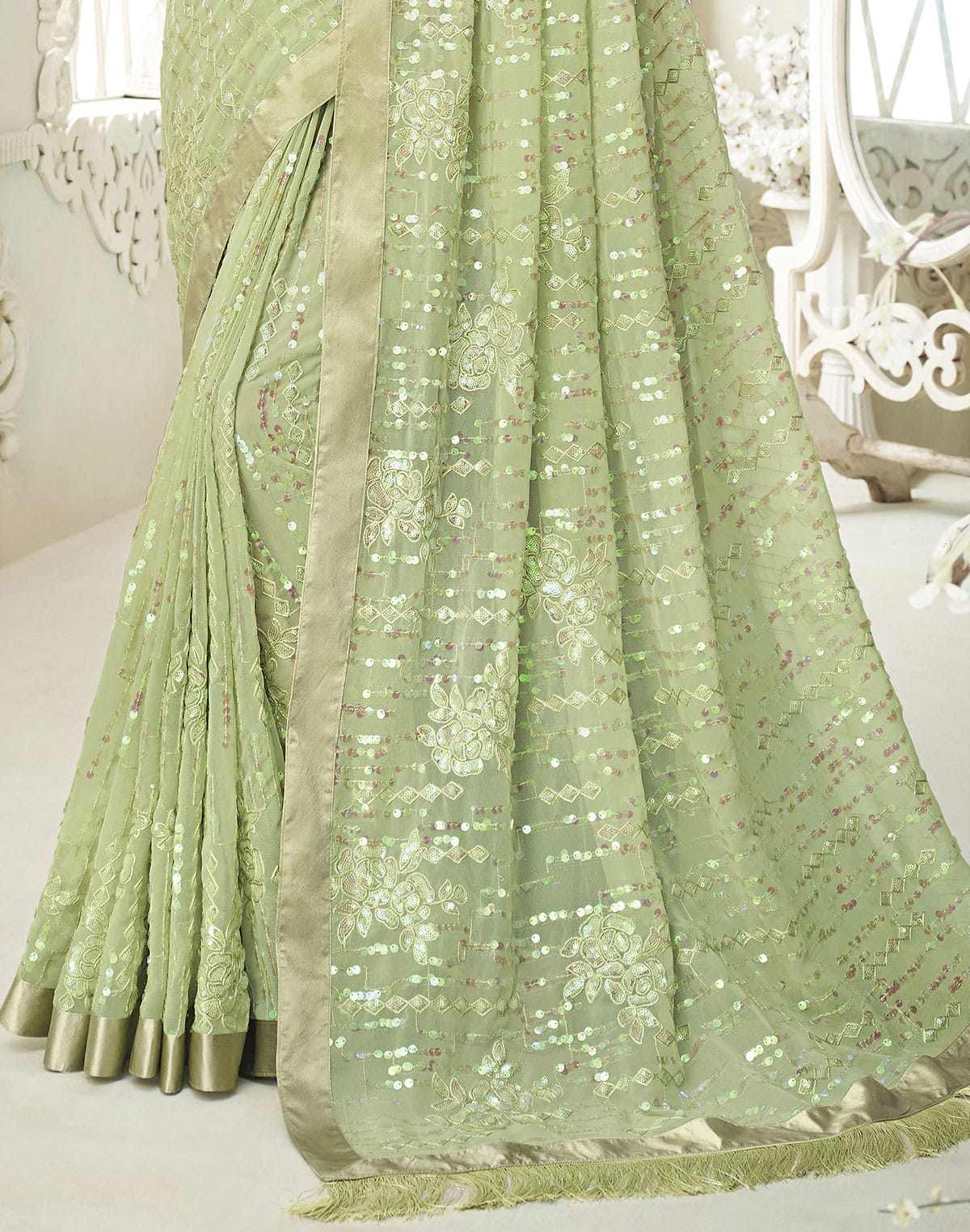 Light Pista Green Soft Georgette with Embroidery Sequence work Saree