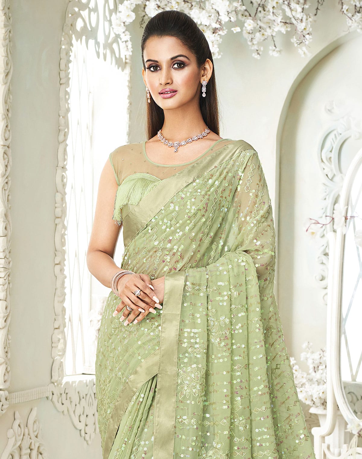 Collection of Light Pista Green Soft Georgette with Embroidery Sequence work Saree in a gallery layout