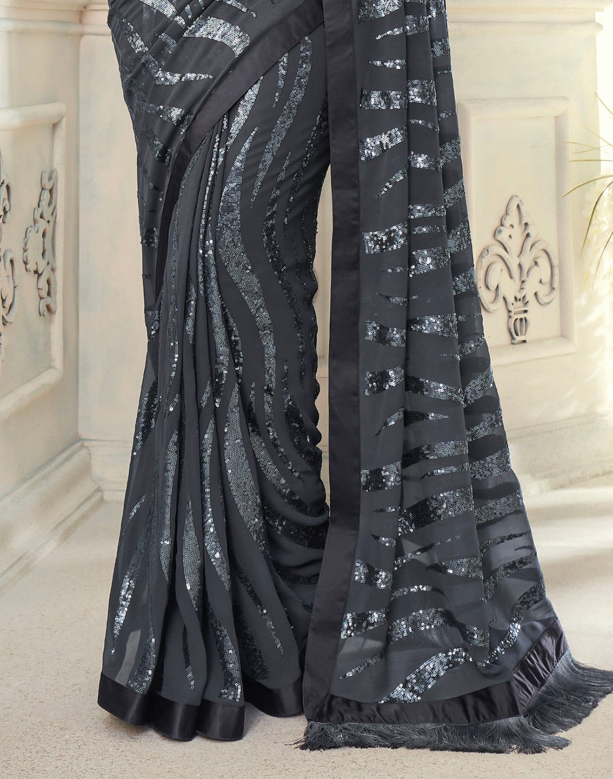 Collection of Grey Sequence work Soft Georgette Saree in a gallery layout