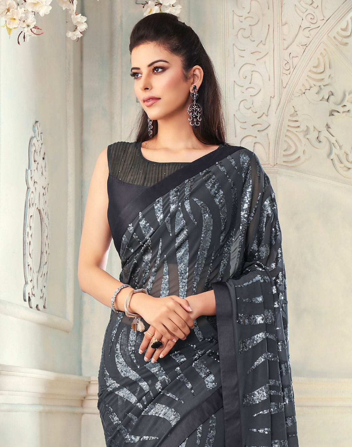 Collection of Grey Sequence work Soft Georgette Saree in a gallery layout