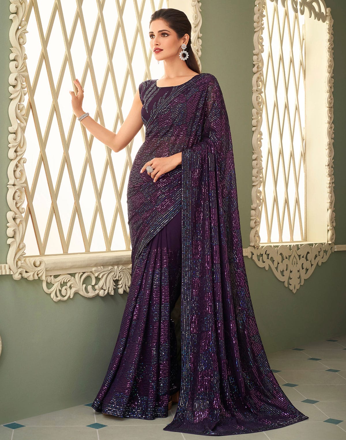 Divine Violet Georgette Sequence work Saree