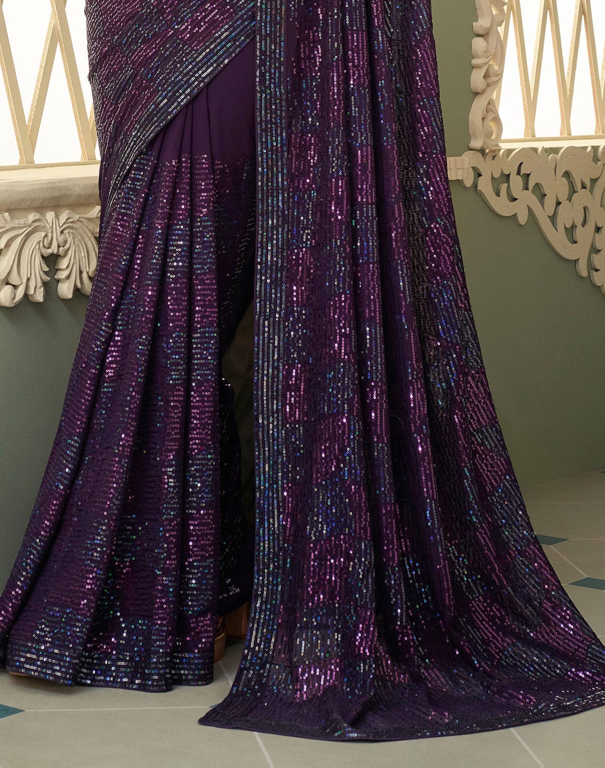 Collection of Divine Violet Georgette Sequence work Saree in a gallery layout