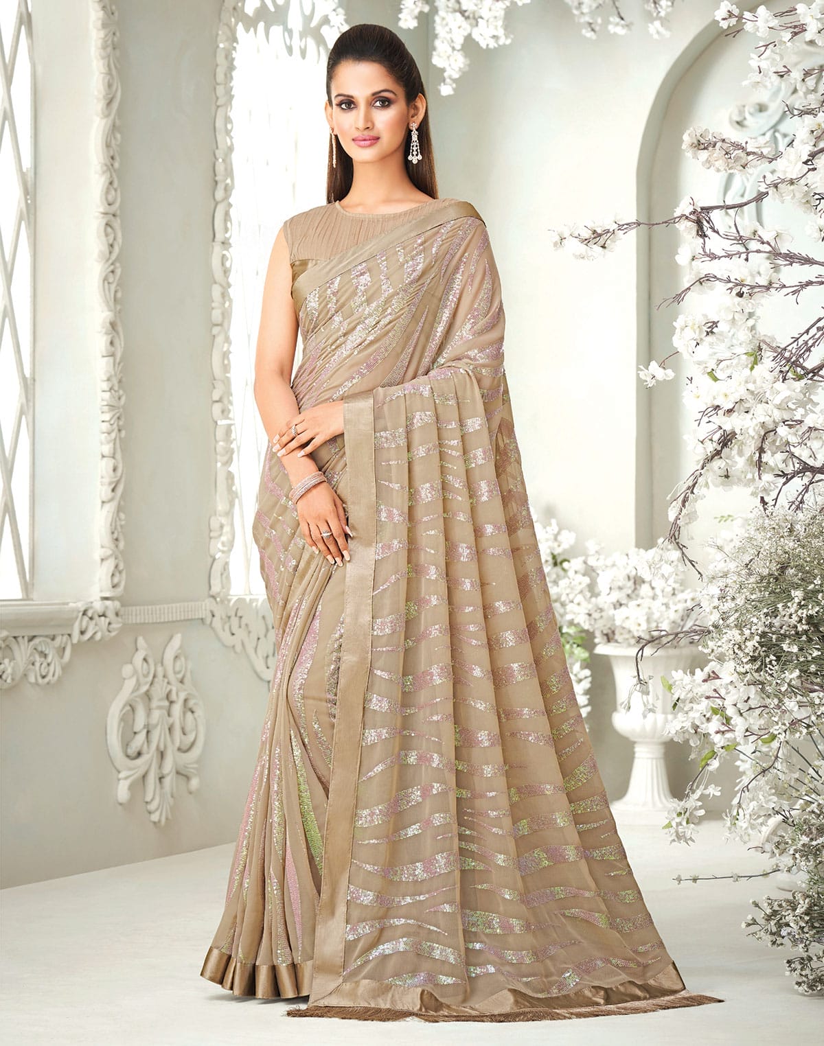 Collection of Sequence work Soft Georgette Light Brown Saree in a gallery layout