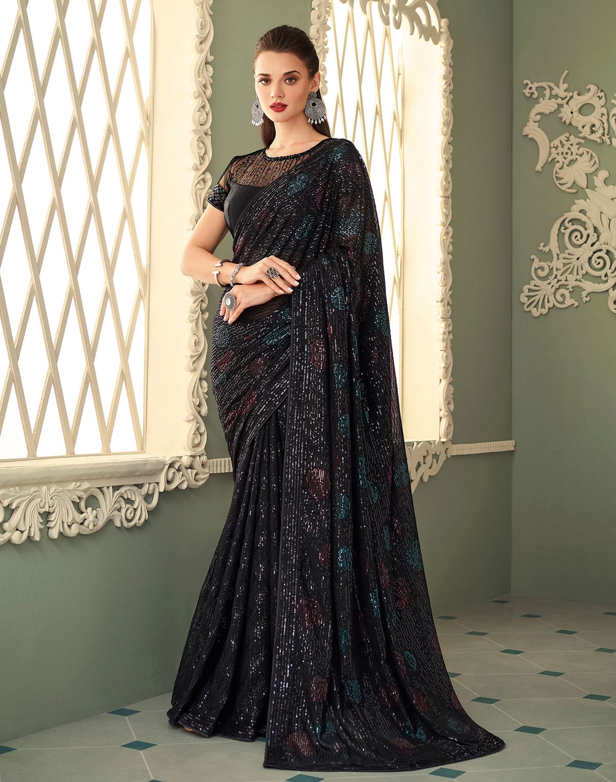 Black Coloured Georgette Sequence work Saree