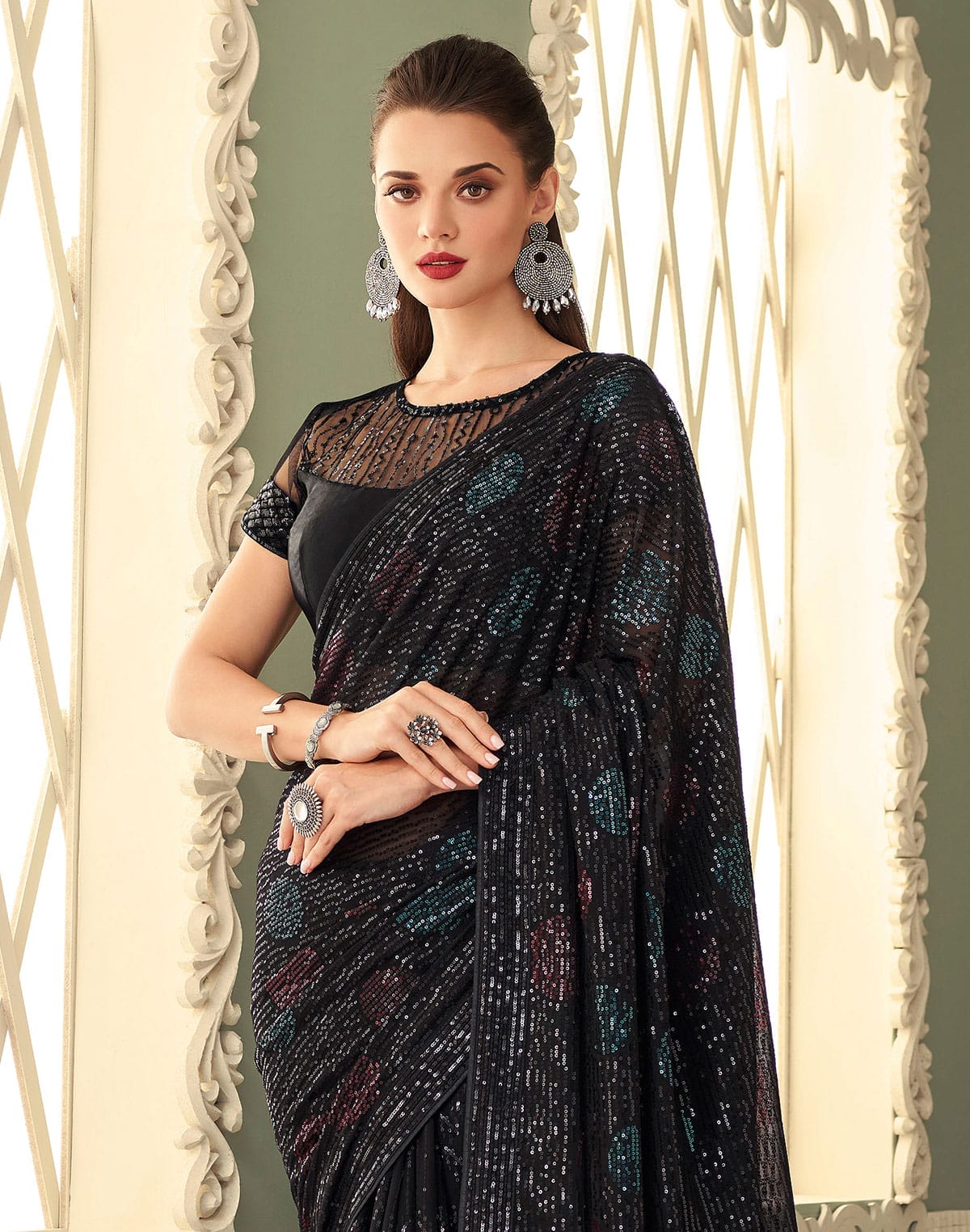 Black Coloured Georgette Sequence work Saree