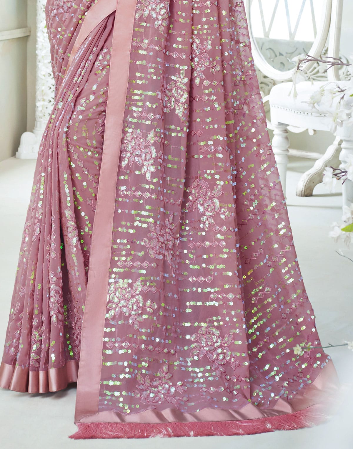 Collection of Light Pink all over Sequence work Soft Georgette Saree in a gallery layout