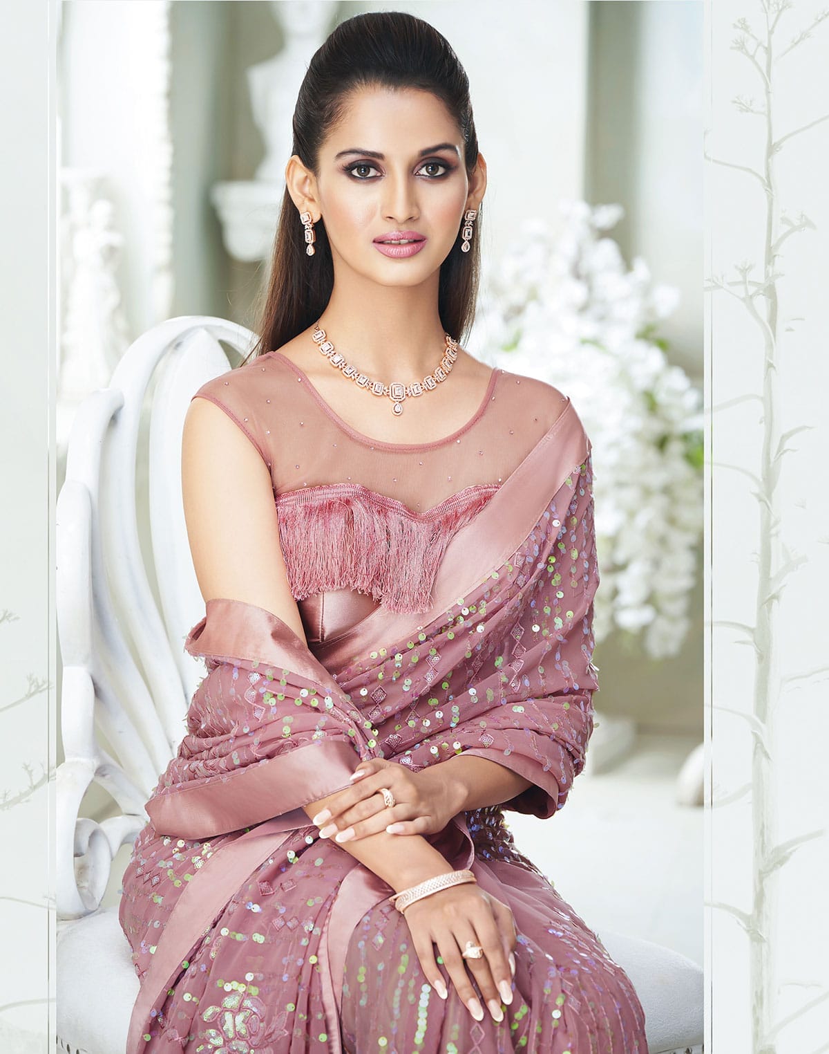 Collection of Light Pink all over Sequence work Soft Georgette Saree in a gallery layout