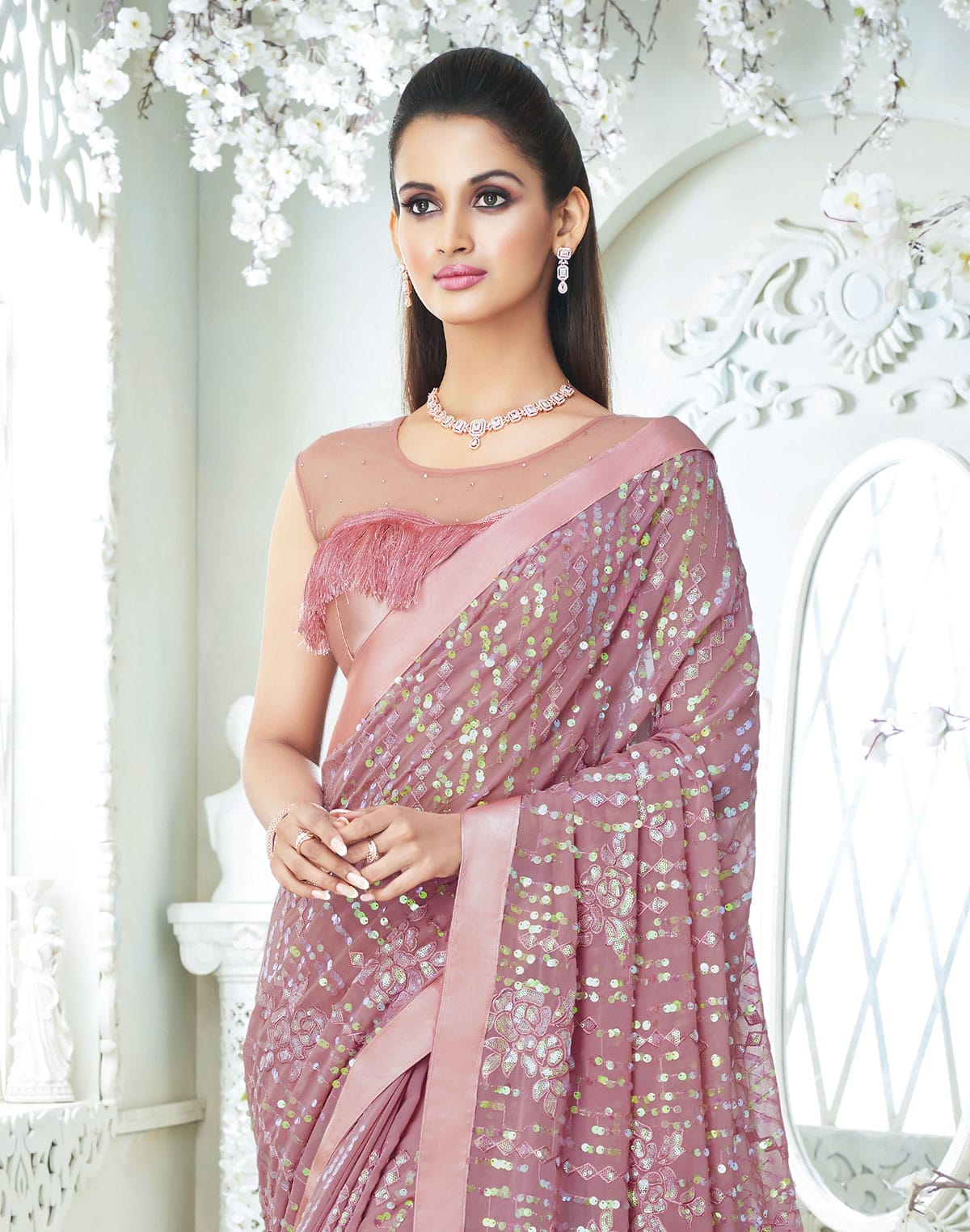 Light Pink all over Sequence work Soft Georgette Saree