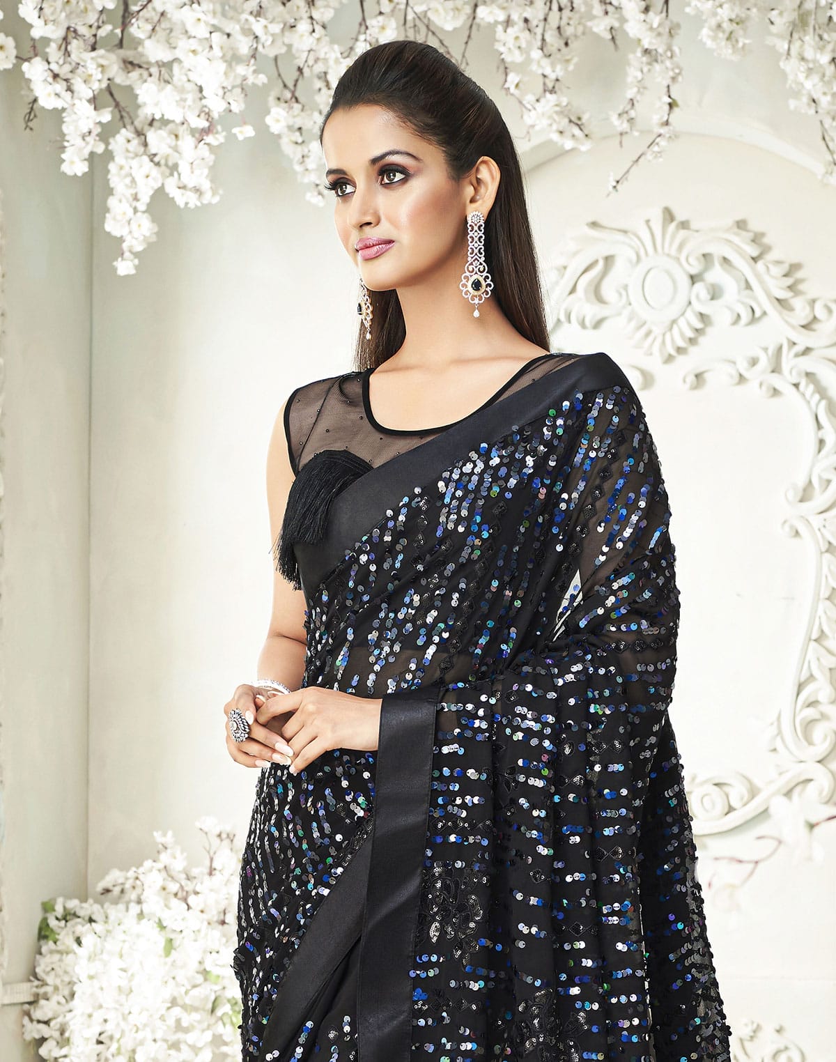 Collection of Black Heavy Sequence work Soft Georgette Saree in a gallery layout