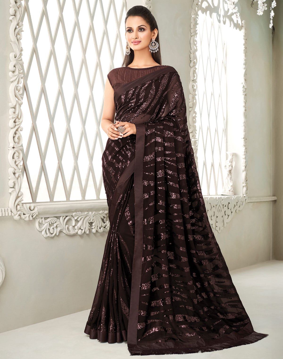 Collection of Dark Brown Sequence work Soft Georgette Saree in a gallery layout