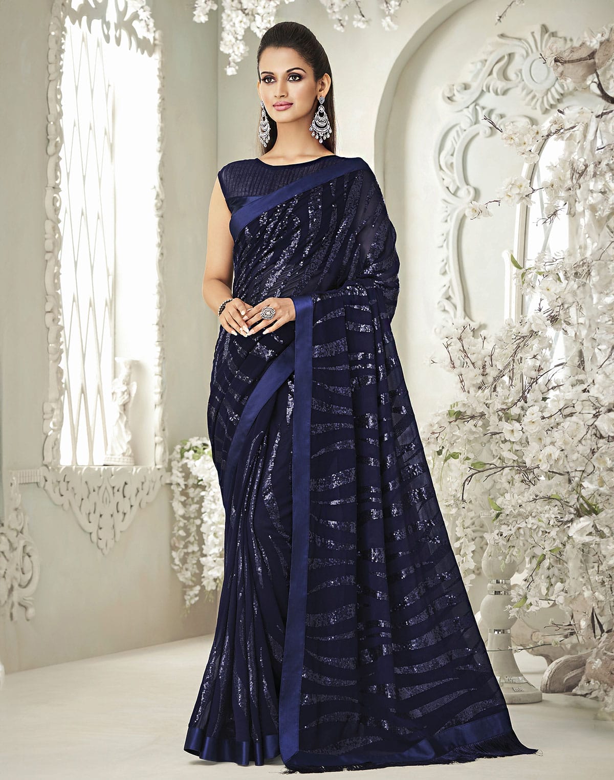 Collection of Navy Blue Soft Georgette Sequence work Saree in a gallery layout