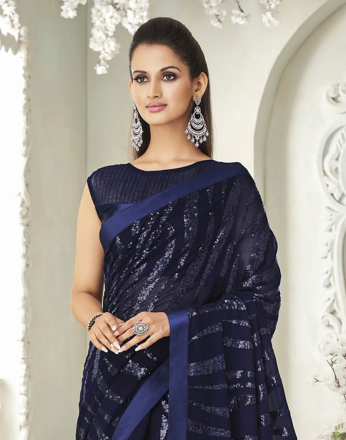 Navy Blue Soft Georgette Sequence work Saree