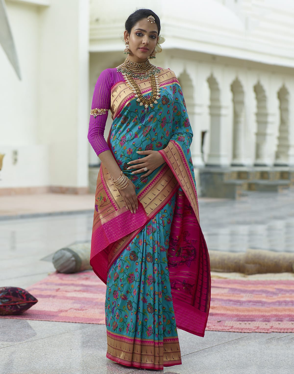 Collection of Peacock Blue Floral weaving Pure Paithani Saree in a gallery layout