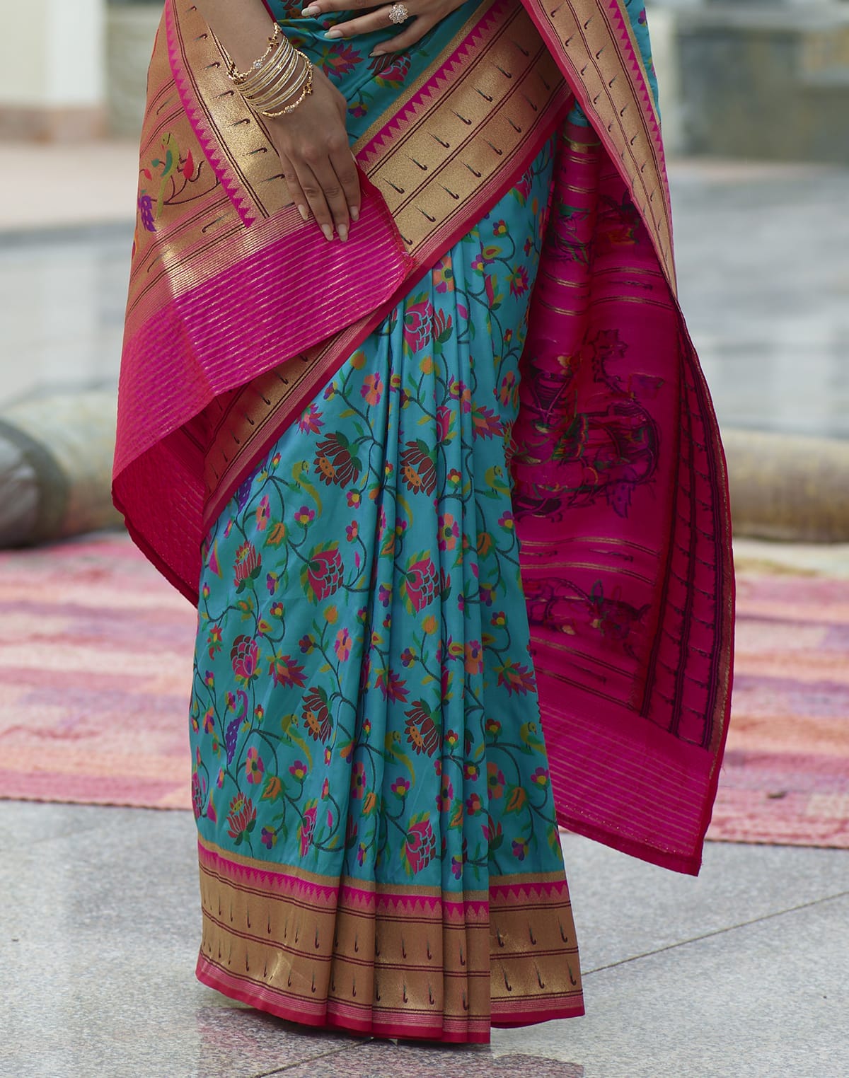 Collection of Peacock Blue Floral weaving Pure Paithani Saree in a gallery layout