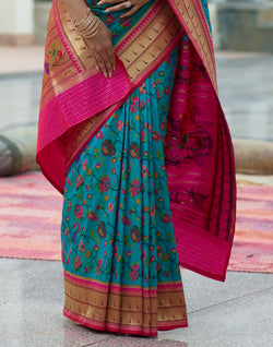 Collection of Peacock Blue Floral weaving Pure Paithani Saree in a gallery layout