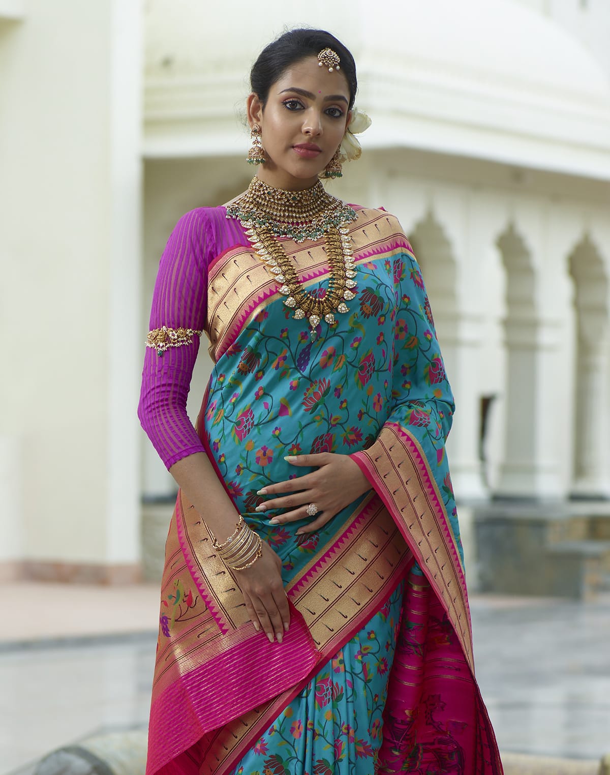 Collection of Peacock Blue Floral weaving Pure Paithani Saree in a gallery layout