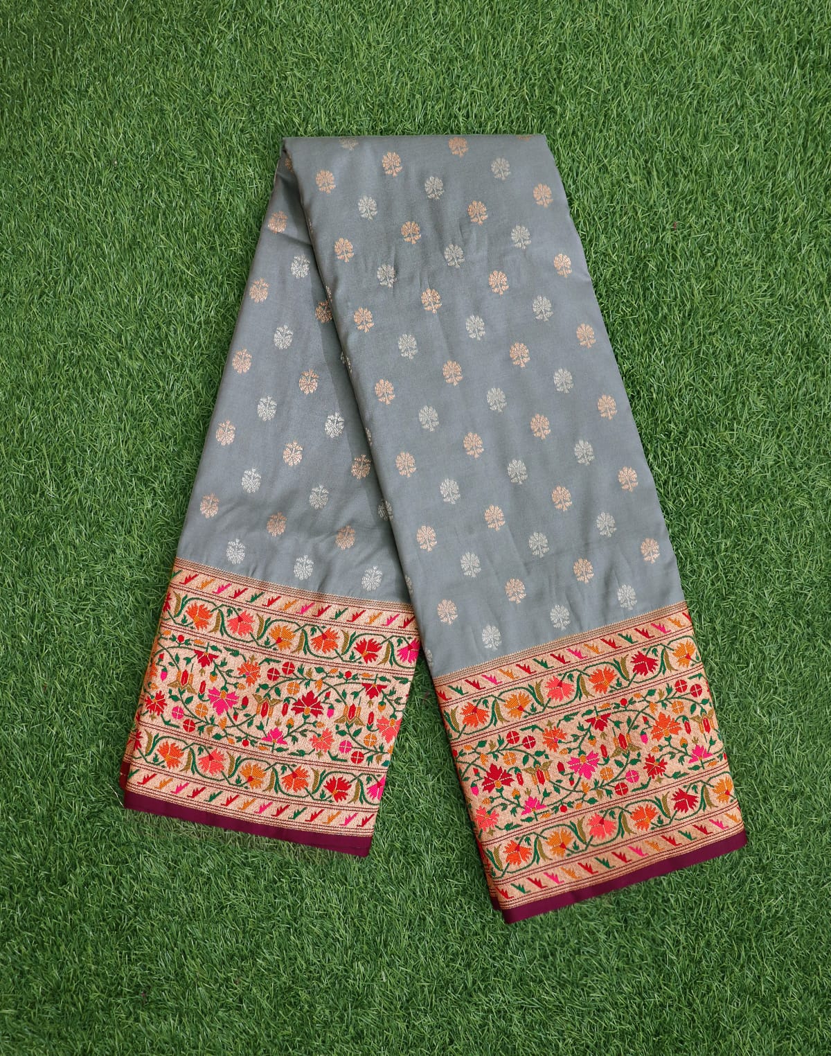 Grey Banaras Bootis Paithani Border Saree